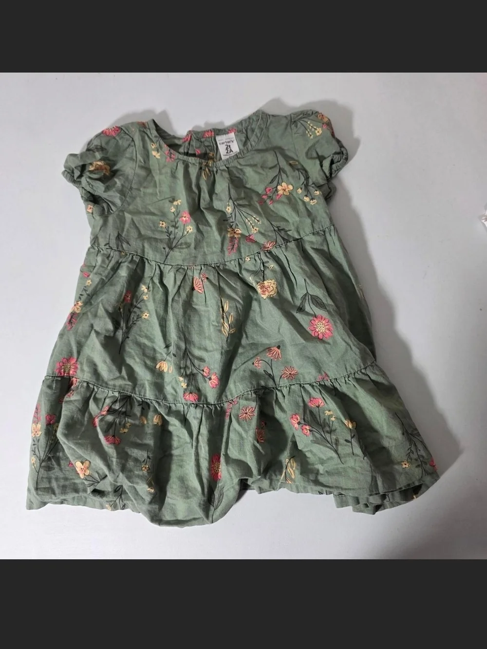 Carter's Sage Green Floral Tiered Dress with Pink & Yellow Flowers